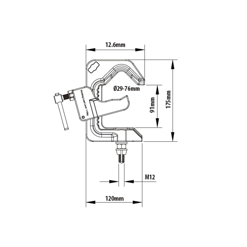 KCP-151 - Ratcheting Jaw C Clamp dimension diagram