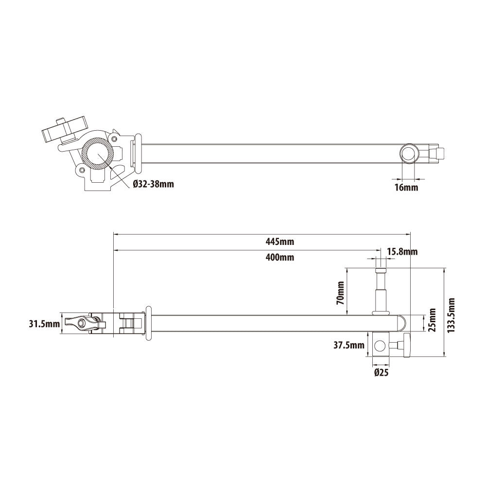 KCP-806 - Side Arm with Baby Pin and Receiver dimension diagram