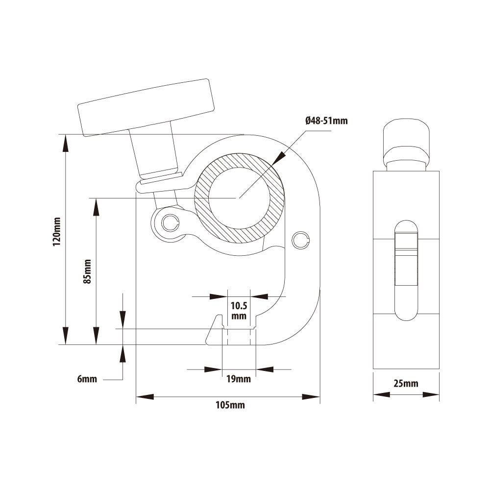 KCP-828-T - T-Handle Slim Handcuff Coupler, Polished dimension diagram