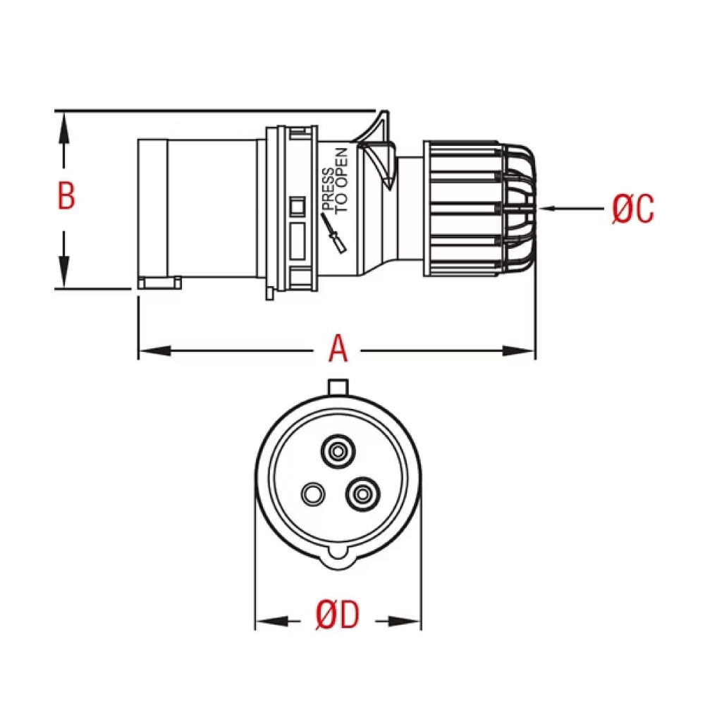 KHTN023 - CEE Receptacle side and front dimension diagram