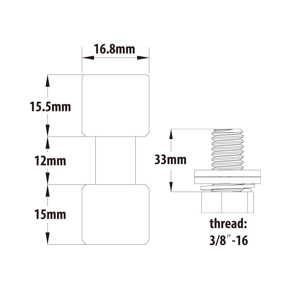 KS-013F - 17 mm Spigot Chrome-Plated 3/8"-16 Female Threaded with Bolt and Washer dimension diagram