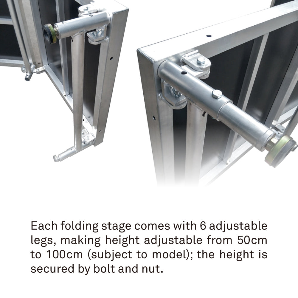 KXB-F02 - KXB-F02 -Folding Stage 244 cm L x 122 cm W adjustable leg detail