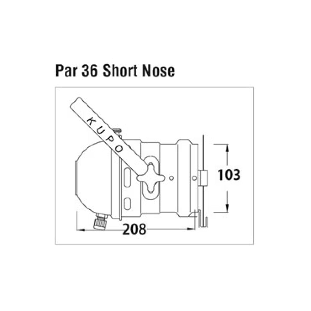 PAR-36S - KUPO PAR 36 Short with Color Frame dimension diagram, side dimension diagram