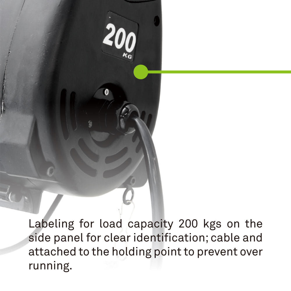 PL-200 - Single-Phase Wire Winch, 200 kg Capacity, side capacity label detail
