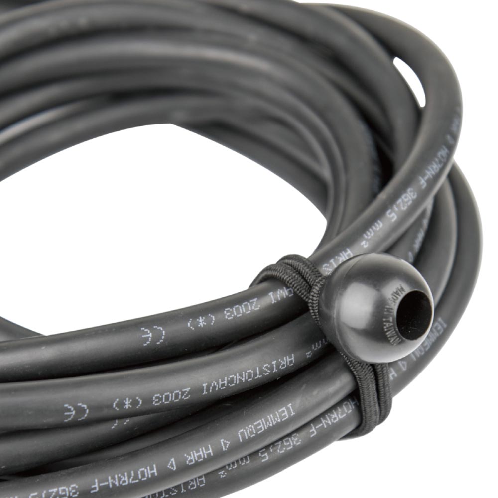 BG4506 - 6" Heavy Duty Black Ball Bungees close-up view around cables