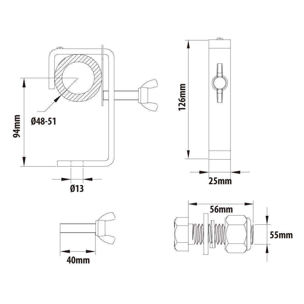 C-02N - Stage Clamp with Wing Bolt dimension drawing