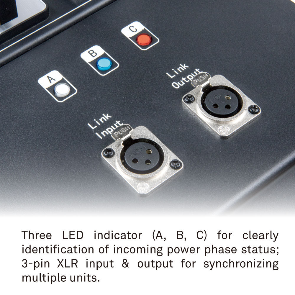 CHC-112RSX-3P - 12-Channel Integrated Rack-Type Chain Hoist Controller LED status and XLR input panel detail