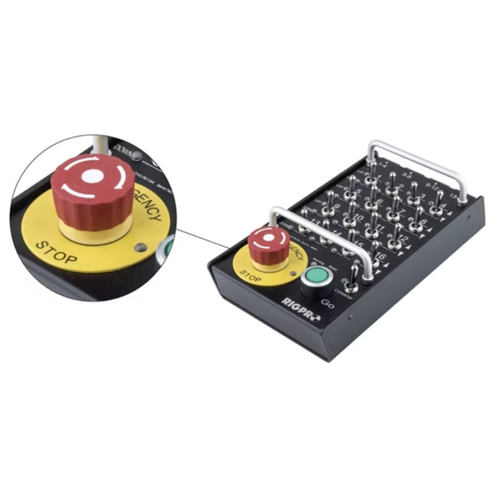 CHC-RC16A - 16-Channel Remote Handset Controller emergency stop and GO button detail