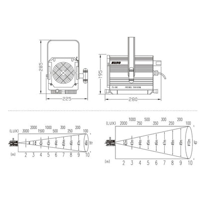 FS-500 - Fresnel Spotlight dimension and photometric diagram
