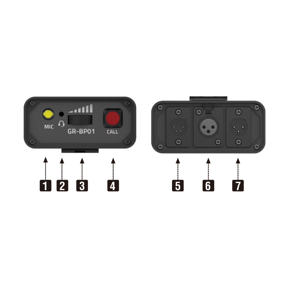 GR-BP01 - Goreal Intercom Belt Pack front and rear panel labels