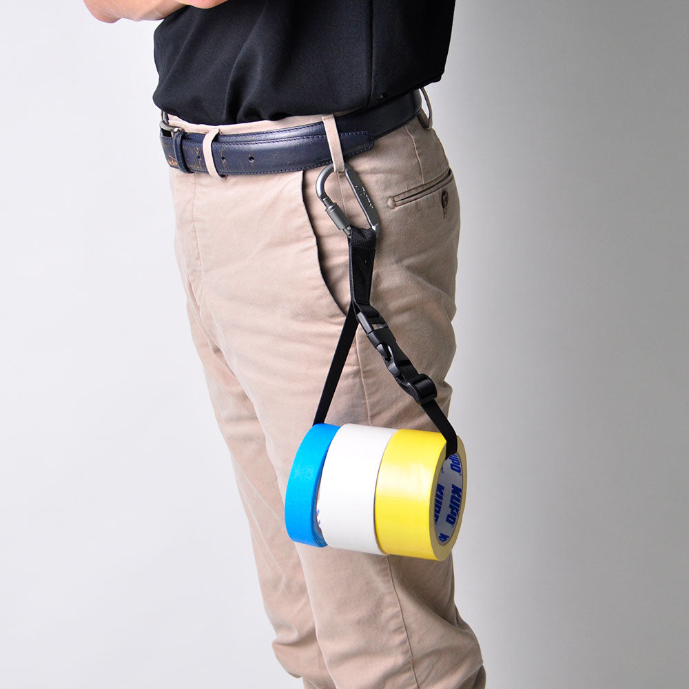 GT-2540BK - Gaffer Tape Holder Strap with Spring Hook, Black worn on belt side view
