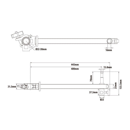 KCP-806 - Side Arm with Baby Pin and Receiver dimension diagram