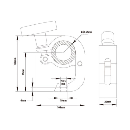 KCP-828-T - T-Handle Slim Handcuff Coupler, Polished dimension diagram