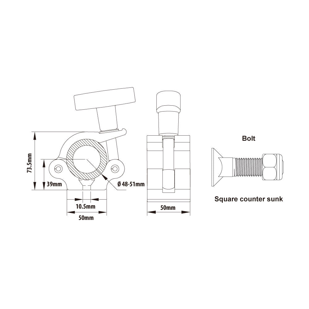 KCP-831B-T - T-Handle Half Coupler, Black dimension diagram