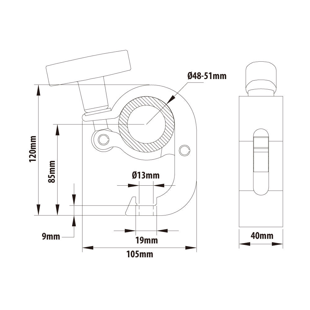 KCP-838-T - T-Handle Handcuff Coupler, Polished dimension diagram
