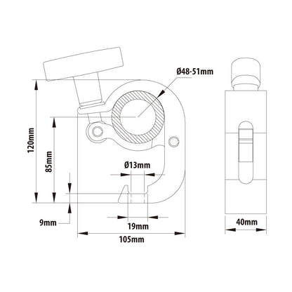 KCP-838B-T - T-Handle Handcuff Coupler, Black dimension diagram