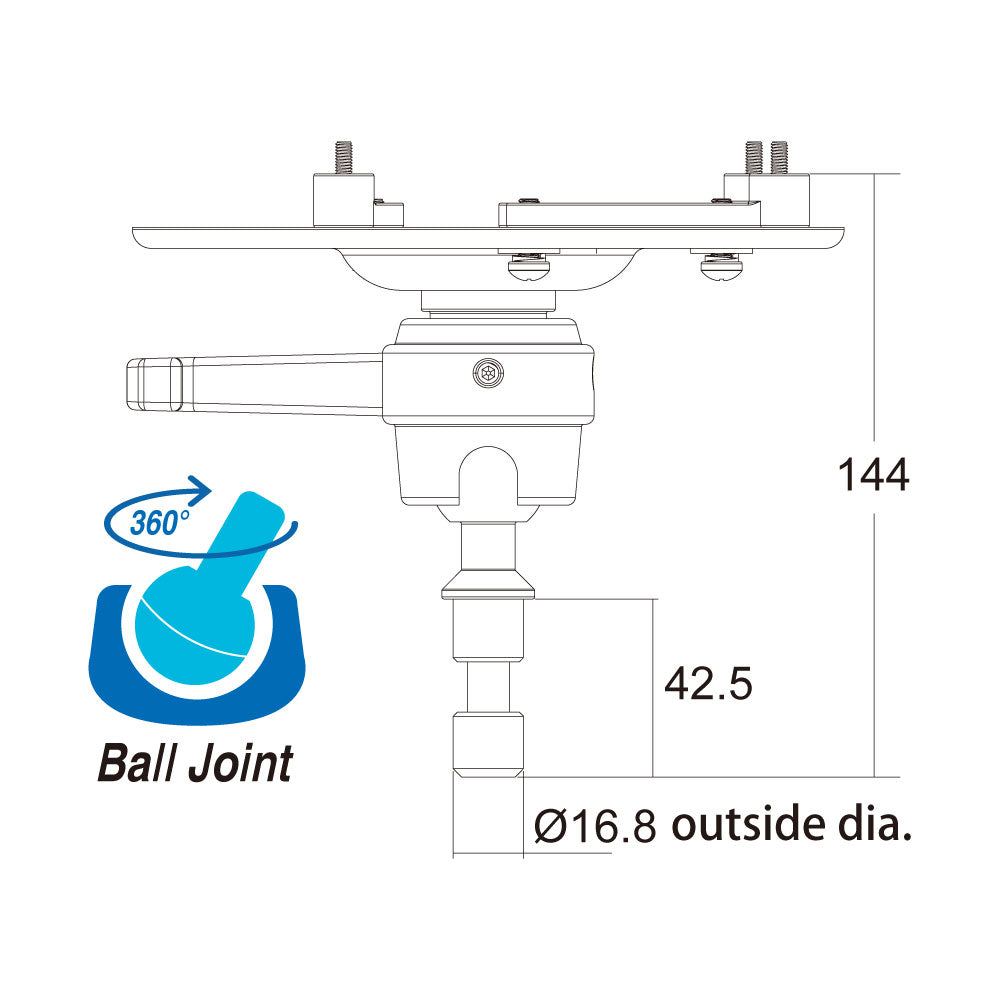 KD-300-J - Projector Mount with Spigot ball joint dimension diagram