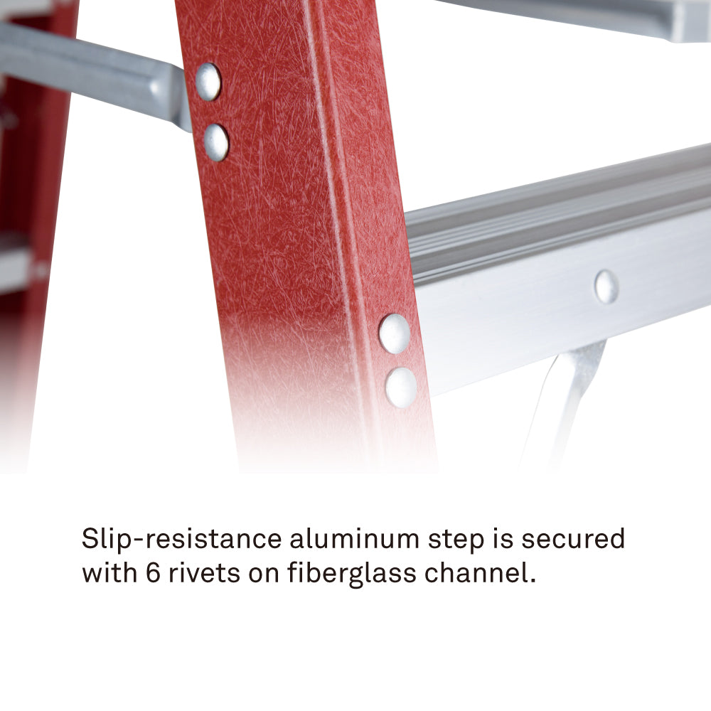 KFL-B8 - Fiberglass Step Ladder, Single-Sided riveted aluminum step detail
