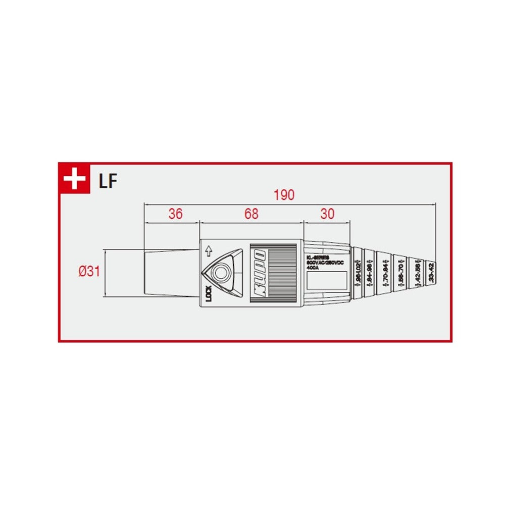 KL-150LFR - K-LOK 150 A Single-Pole Line Connector Female Red line connector dimension diagram