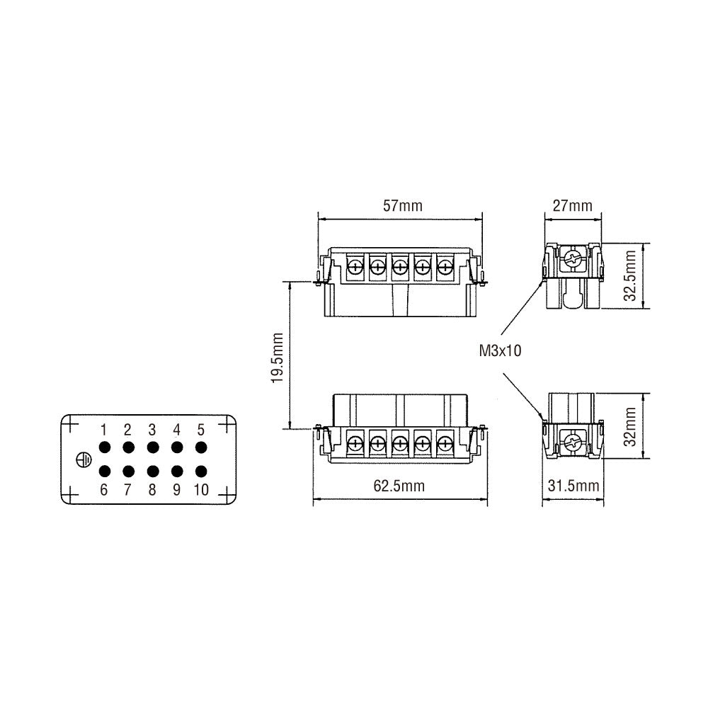 KM10F - KUPO Multi-Pin 10-Pin Socket Insert dimension diagram