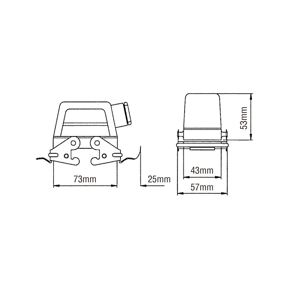 KM10H5 - KUPO Multi-Pin 10-Pin Closed Side Outlet Hood dimension diagram