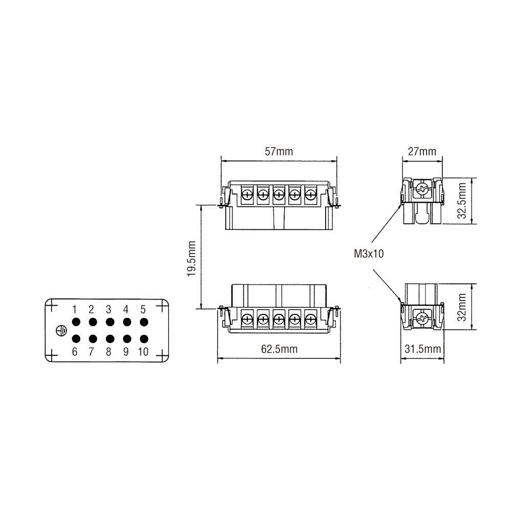 KM10M - KUPO Multi-Pin 10-Pin Plug Insert dimension diagram