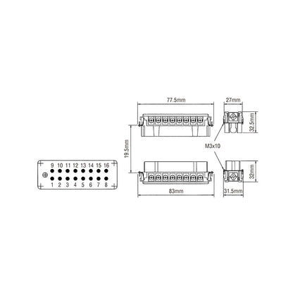 KM16F - KUPO Multi-Pin 16-Pin Socket Insert dimension diagram