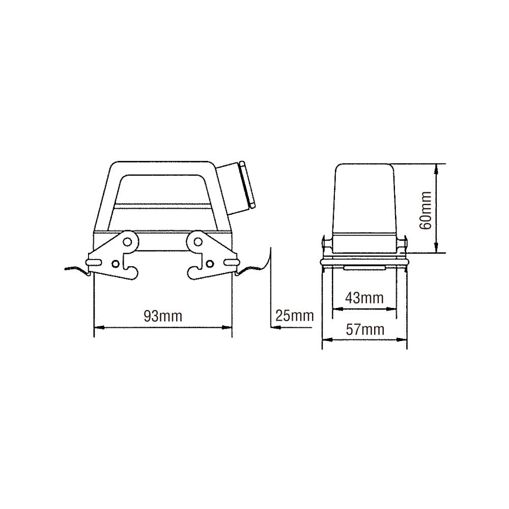 KM16H5 - KUPO Multi-Pin 16-Pin Closed Side Outlet Hood dimension diagram