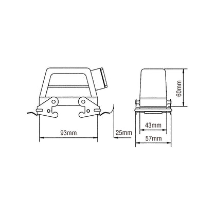 KM16H5 - KUPO Multi-Pin 16-Pin Closed Side Outlet Hood dimension diagram