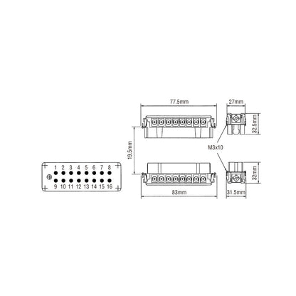 KM16M - KUPO Multi-Pin 16-Pin Plug Insert dimension diagram