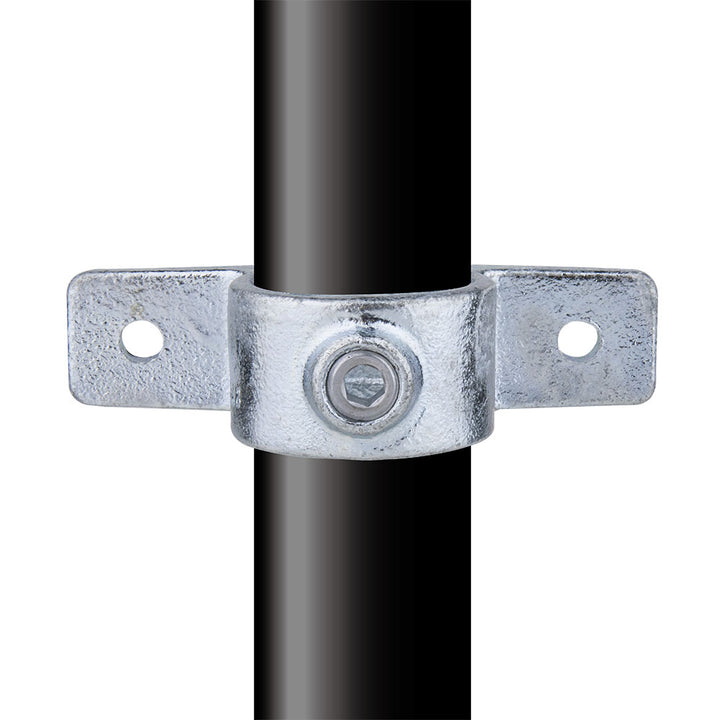 KPC-198 - Double Side Fixing Bracket (Silver) installed pipe clamp view