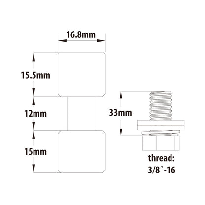 KS-013F - 17 mm Spigot Chrome-Plated 3/8"-16 Female Threaded with Bolt and Washer dimension diagram
