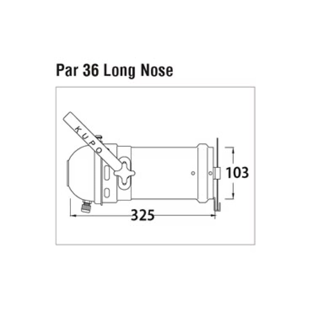 PAR-36S - KUPO PAR 36 Short with Color Frame dimension diagram, front dimension diagram
