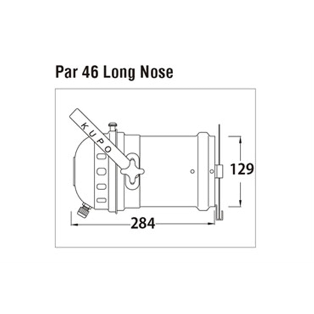 PAR-46L - KUPO PAR 46 Long with Color Frame dimension diagram, front dimension diagram