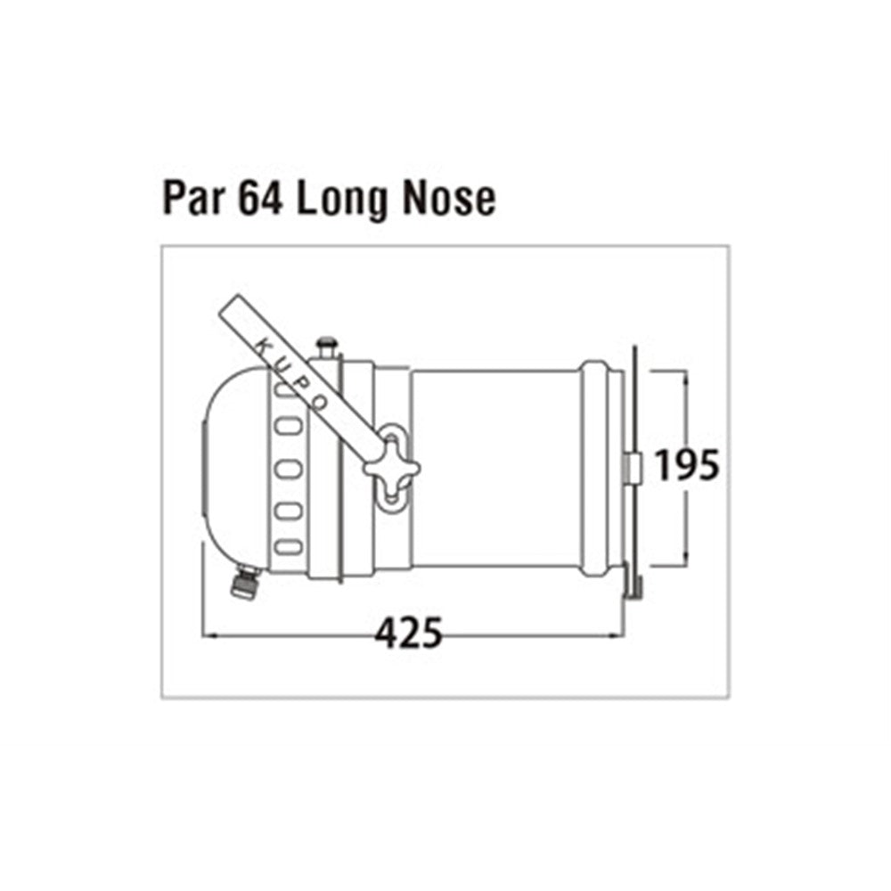 PAR-64L - KUPO PAR 64 Long with Color Frame dimension diagram, front dimension diagram