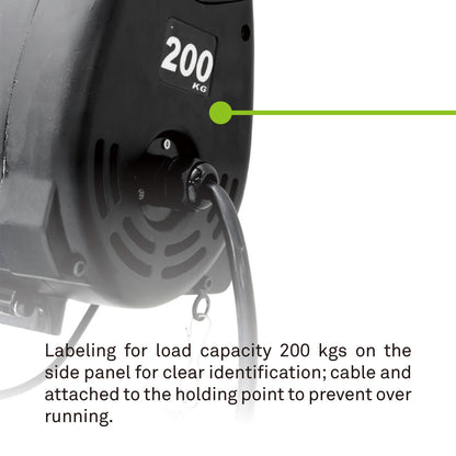 PL-200 - Single-Phase Wire Winch, 200 kg Capacity, side capacity label detail