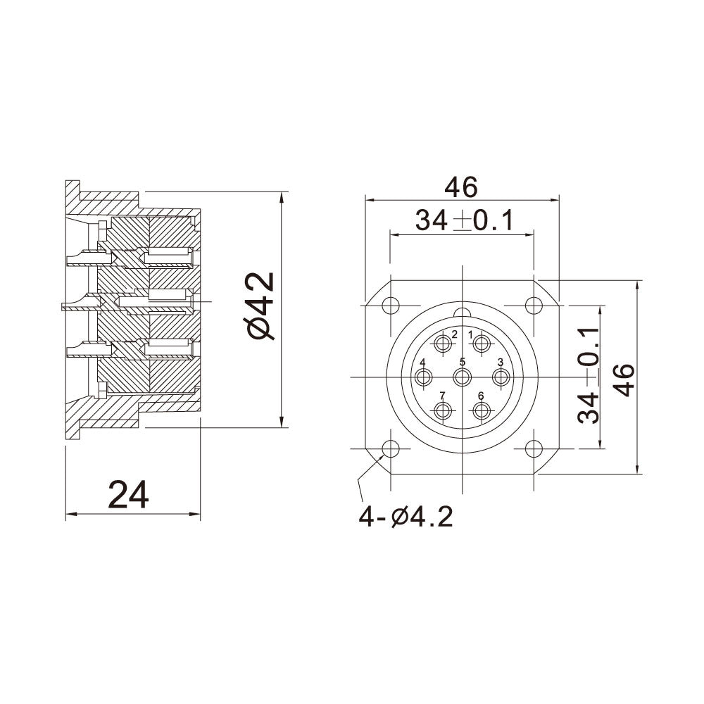 PLS-4207SF - Surface / Panel-mount Female, connector pin detail