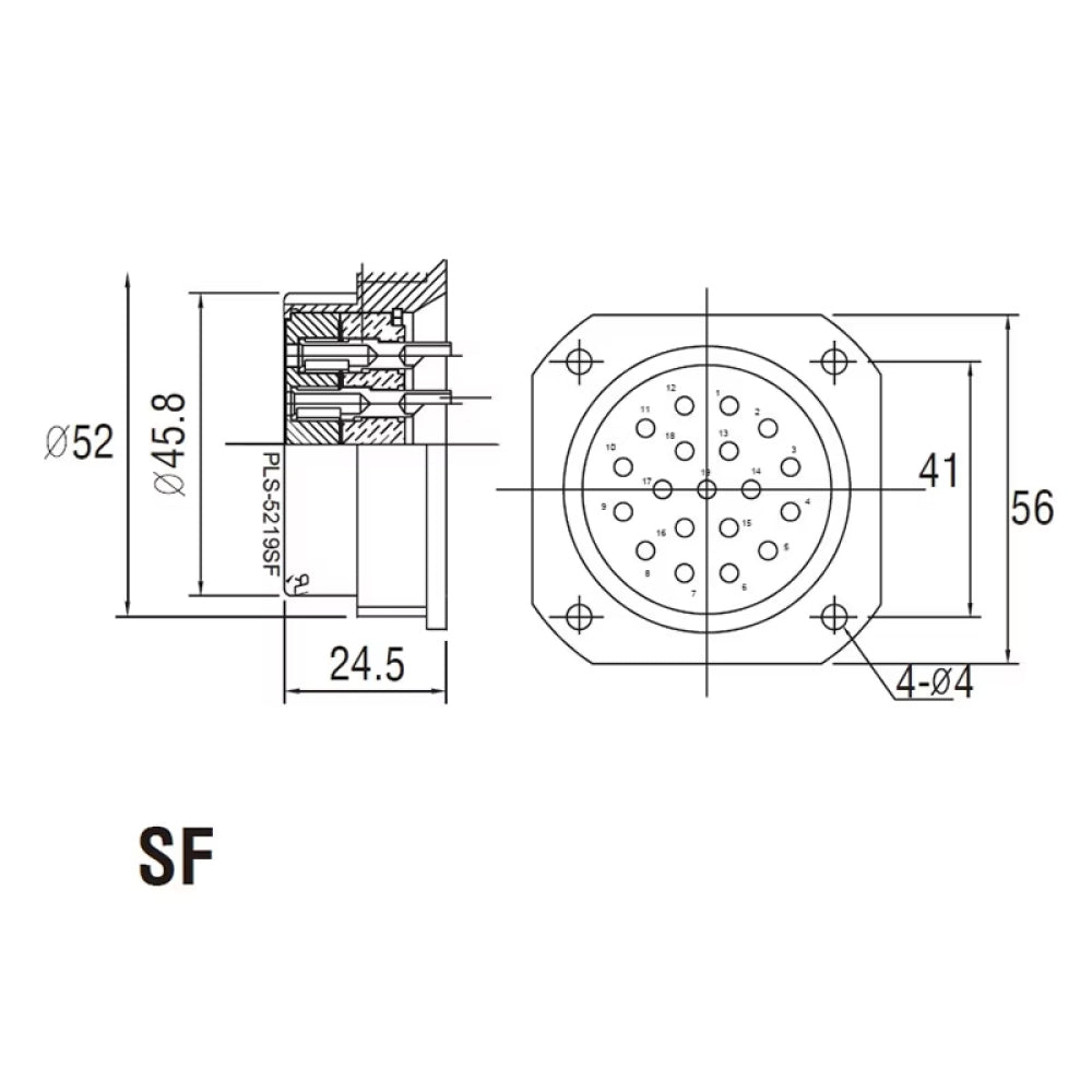 PLS-5219SF - Panel Female, connector pin detail
