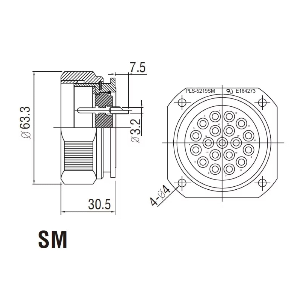 PLS-5219SM - PLS 19-Pin Solder Type Surface Male, connector pin detail