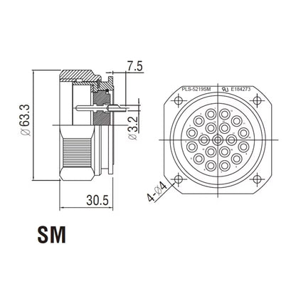 PLS-5219SM - PLS 19-Pin Solder Type Surface Male, connector pin detail