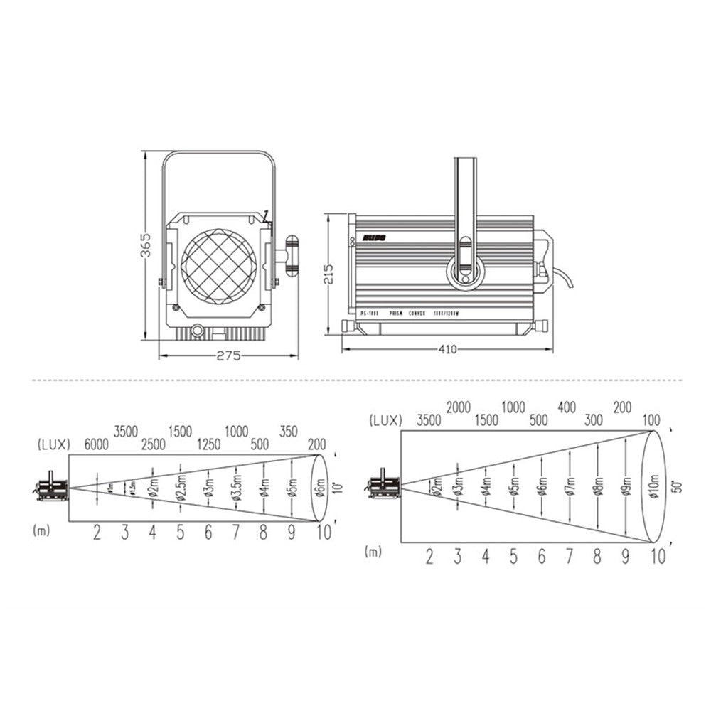 PS-1000 - KUPO Prism Convex Spotlight 1000 W / 1200 W, dimension diagram