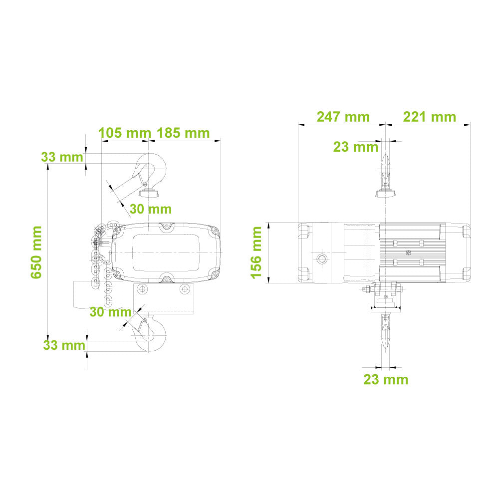 RD-1000 - D8 Plus 1000 kg Chain Hoist Direct Control, dimension diagram
