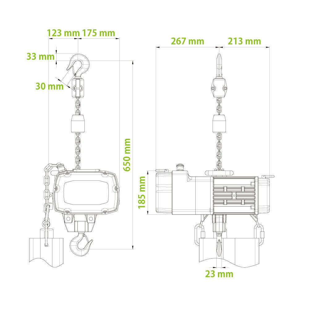 RD-750 - D8 Plus 750 kg Chain Hoist Direct Control, dimension diagram