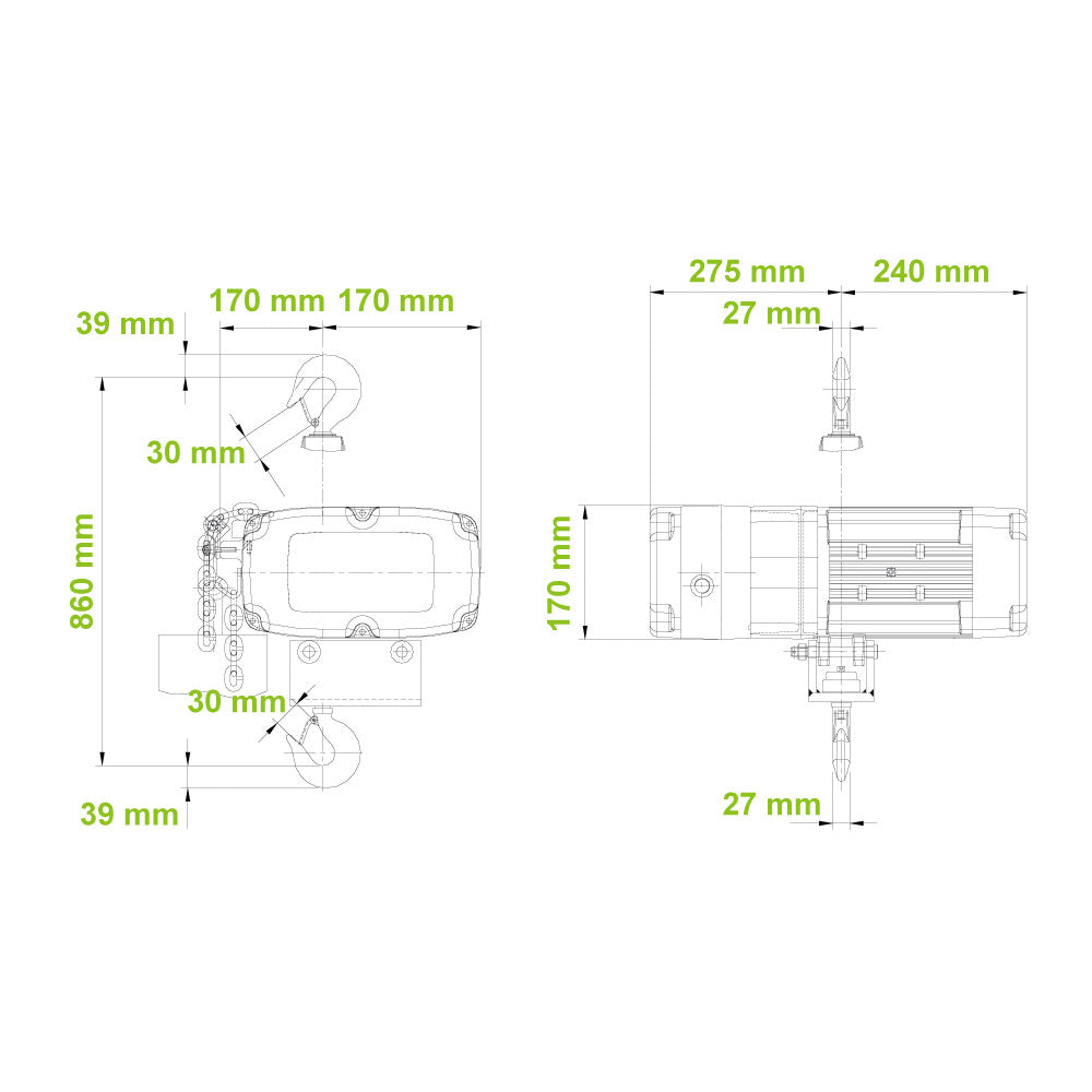 RH-2000LV - D8 2000 kg Chain Hoist Low Voltage Control, dimension diagram