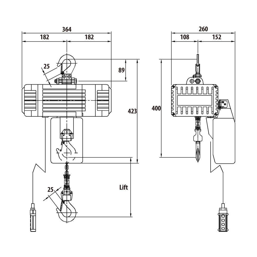 RH-SP24 - Single Phase Brushless DC 240 kg Chain Hoist with Pendant, dimension diagram