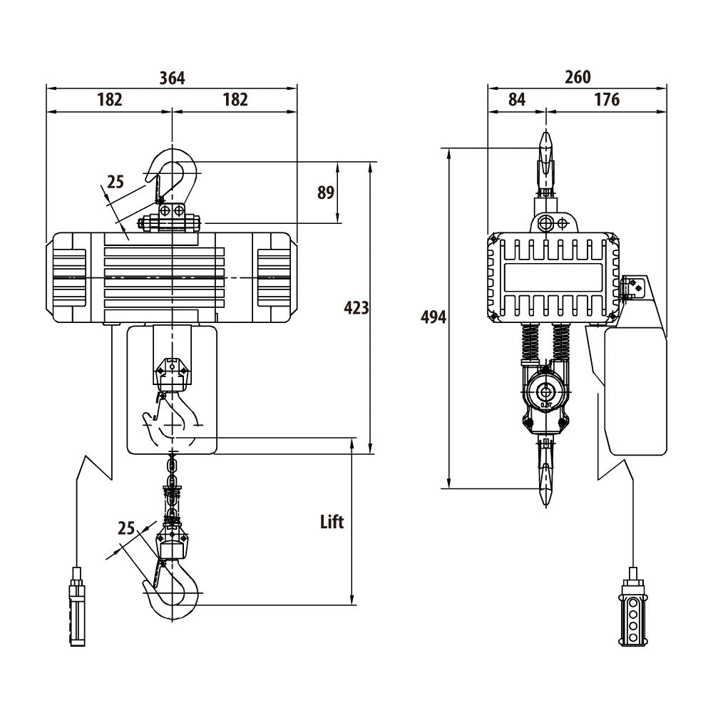 RH-SP48W - Single Phase Brushless DC 480 kg Chain Hoist with Wireless Remote, dimension diagram