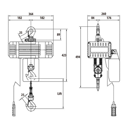 RH-SP48W - Single Phase Brushless DC 480 kg Chain Hoist with Wireless Remote, dimension diagram