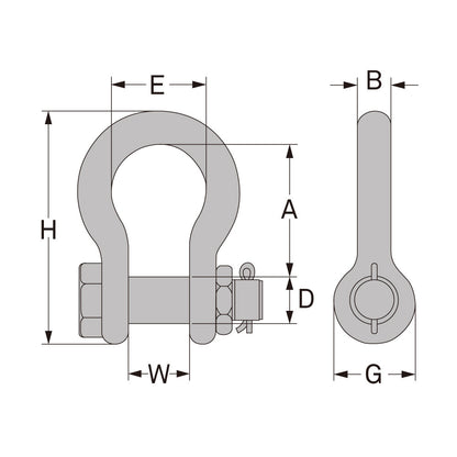 SS-N12500 - 12.5-ton Safety Bolt and Nut Anchor Shackle, 1" Nominal, dimension diagram